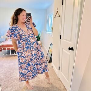 Anthropologie Maeve Blue Orange Floral Cotton Maxi Dress Medium